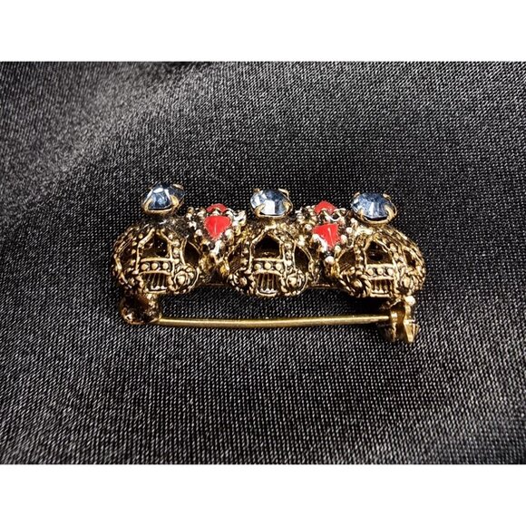 Vintage 1950s Gold-Tone Brooch With Blue & Red Glass Stones Intricate Filigree - Picture 4 of 6